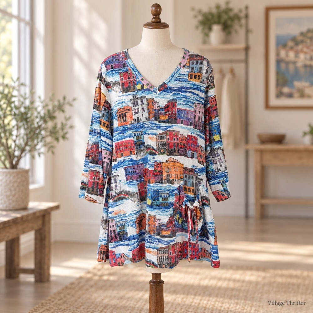 Ali Miles Tunic Top Womens Large Blue Multi Cityscape Novelty Print Artsy Travel